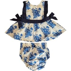 Pink Chicken Blue White Floral Top and Bloomers Set 3/6M Cotton Side Tie